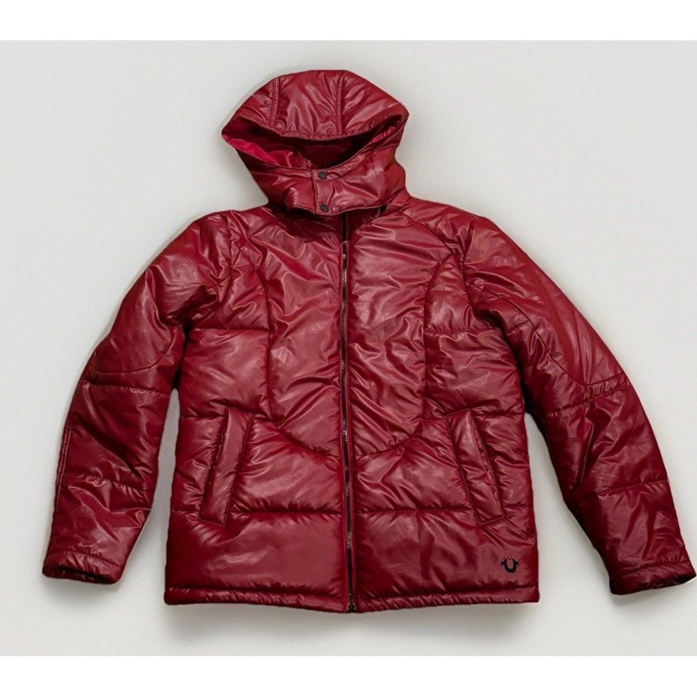 True Religion Vegan Patent Leather Quilted Puffer Jacket Ruby Red Men's S